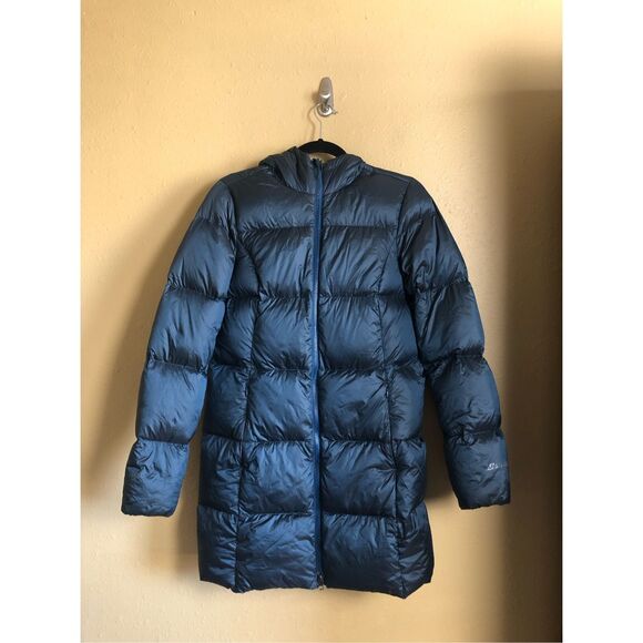 Eddie Bauer Luna Peak Down Parka Puffer Jacket Peacock Blue Hood Size S - Picture 1 of 14